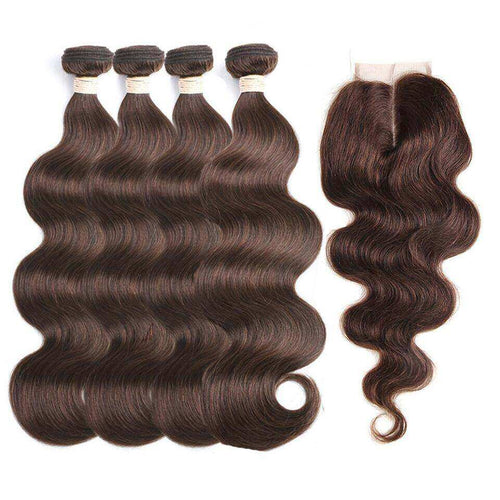 #4 Brown Body Wave 4 Bundles With 4x4 Lace Closure Pre Colored Wig