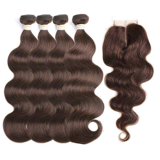 #4 Brown Body Wave 4 Bundles With 4x4 Lace Closure Pre Colored Wig