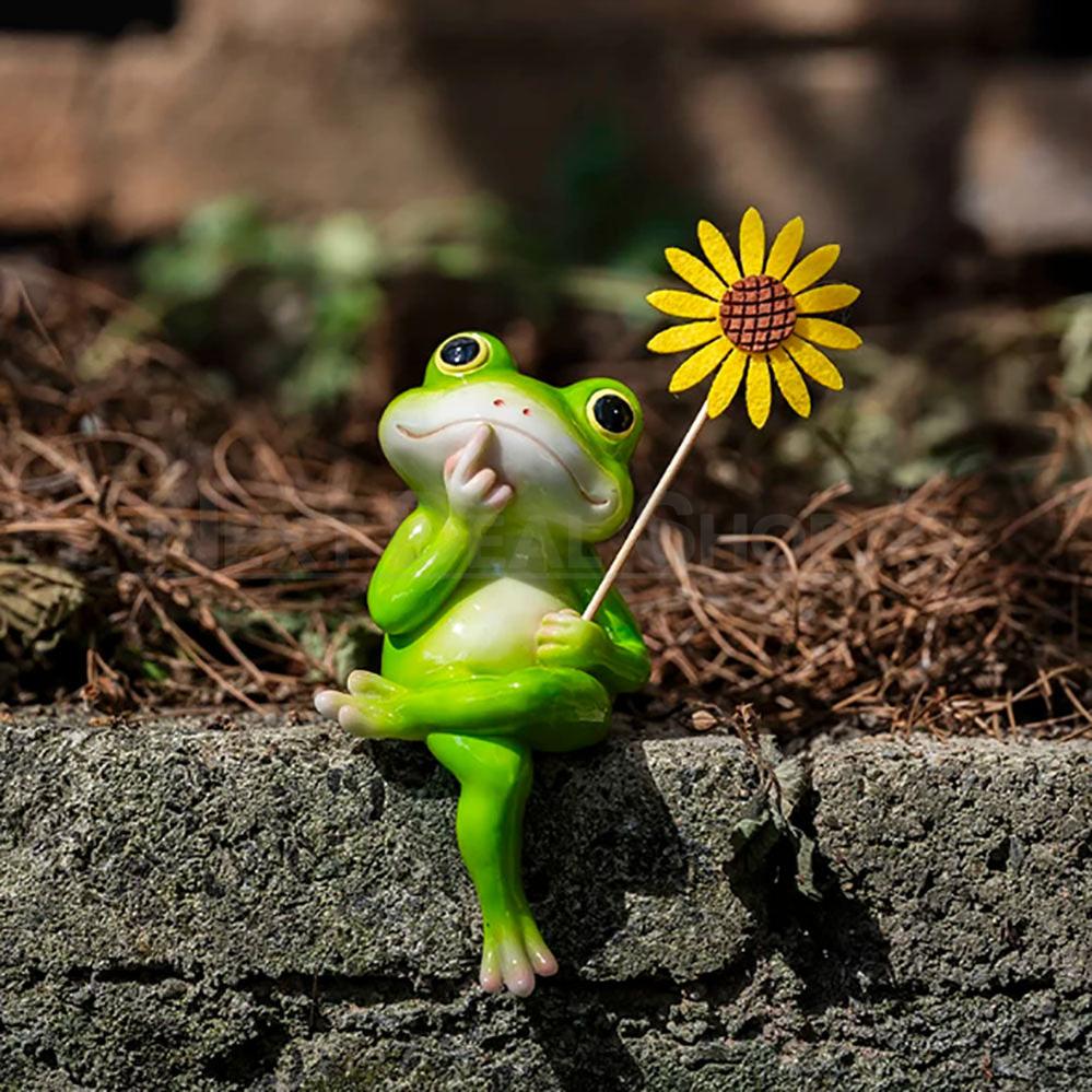 Hand Painted Frog Figurine With Sunflower Outdoor Garden Planter Decor