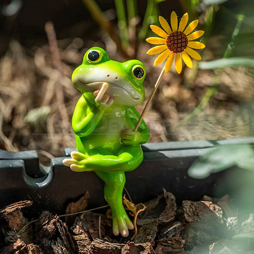 Hand Painted Frog Figurine With Sunflower Outdoor Garden Planter Decor