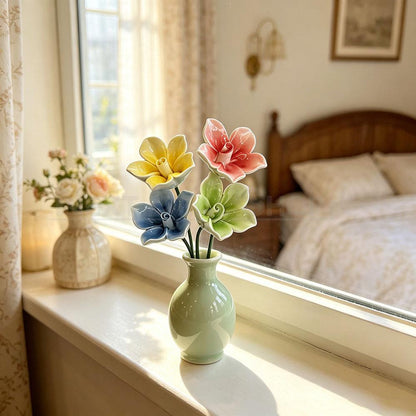 Set of 4 Handmade Ceramic Flower Garden Stake Plant Pot Decor