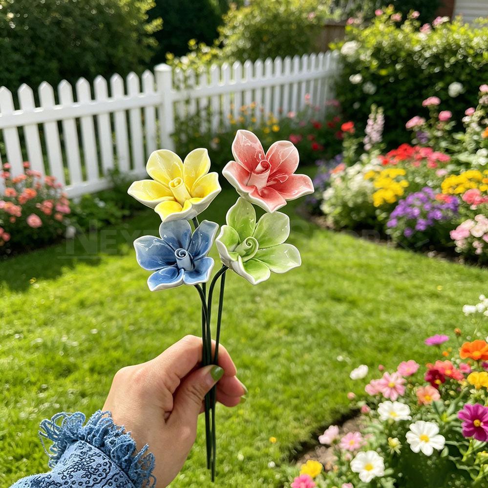 Set of 4 Handmade Ceramic Flower Garden Stake Plant Pot Decor